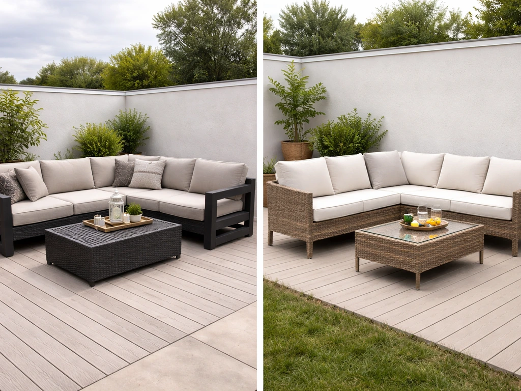 Side-by-side outdoor patio sets: durable frame and thick cushions vs thinner, less protective bargain cushions.