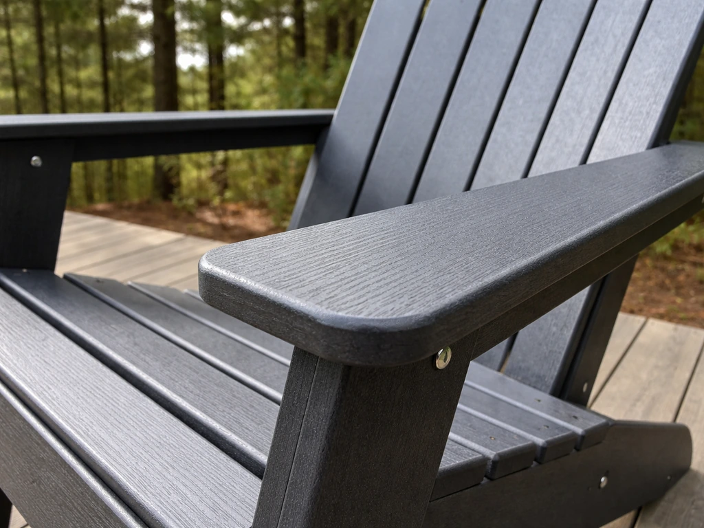 Close-up of HPPE Adirondack chair slats outdoors, highlighting UV-protected weather-resistant plastic texture.