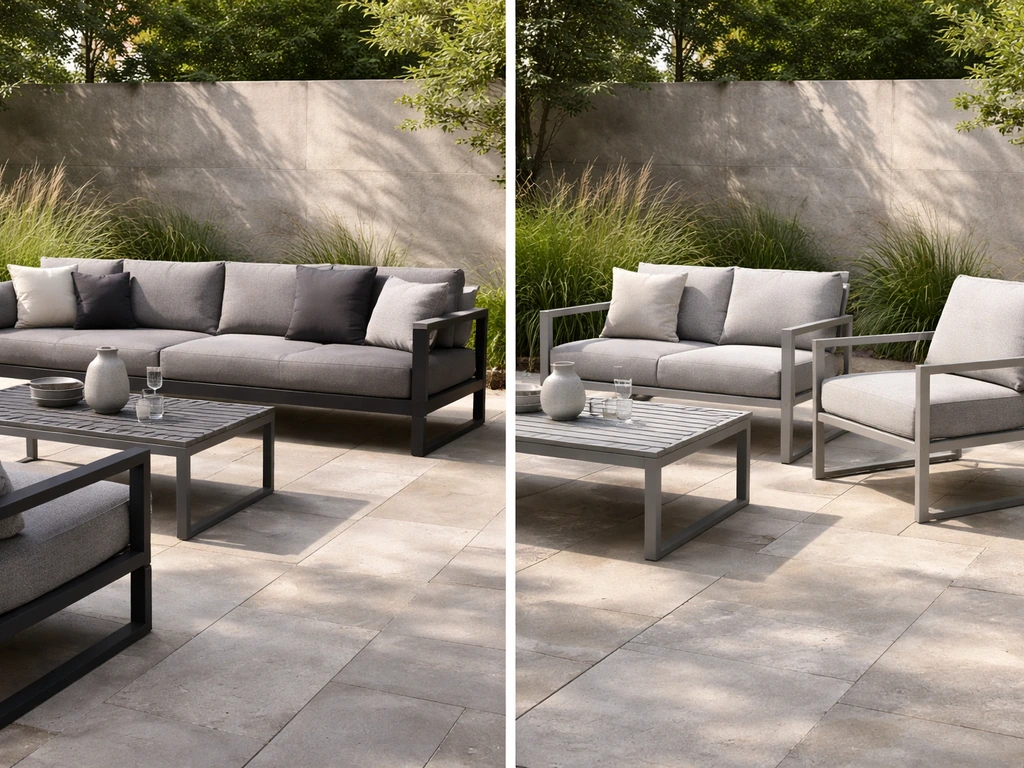 Side-by-side outdoor furniture setups showing premium frame finish and thicker cushion fabric on the left.