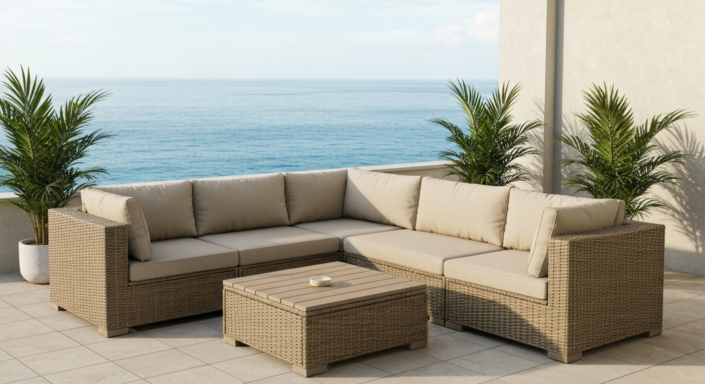 Modular resin-wicker sectional on a coastal patio with neutral Sunbrella-style cushions and a Wonderwood coffee table.