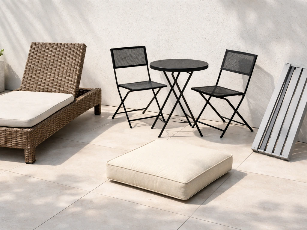 Photorealistic collage of patio furniture pieces—rattan chair, bistro set, cushions, and frame—suggesting Shein patio re