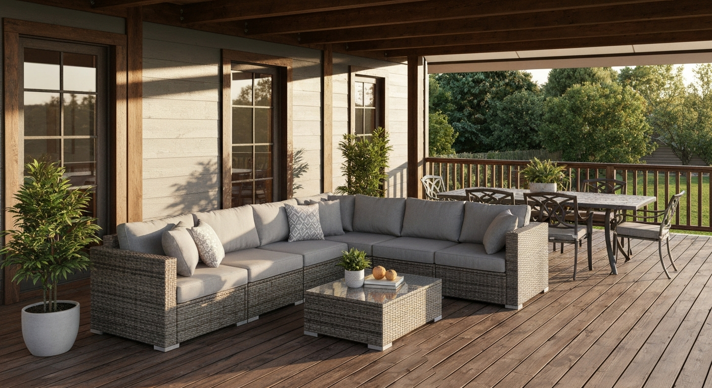 Covered wooden deck staged with a PE rattan sectional and gray cushions, coffee table and dining set in the background.