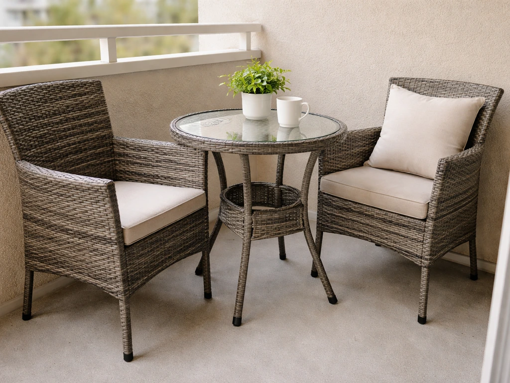 Compact PE rattan bistro set on a small balcony patio with a potted plant, realistic everyday setup.
