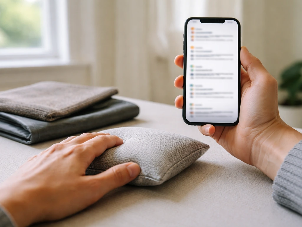 Anonymous person comparing blurred online product reviews on a phone, with a cushion and fabric sample on a table.