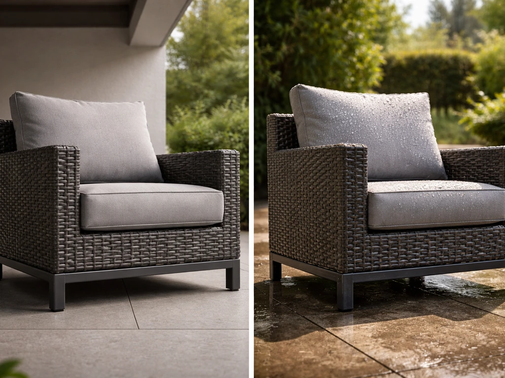 PE rattan outdoor chair with visible powder-coated frame, shaded side dry and sun/rain side wet.