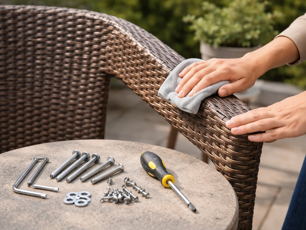 Hands wiping a PE rattan patio chair set with a damp cloth while tools and hardware lie nearby