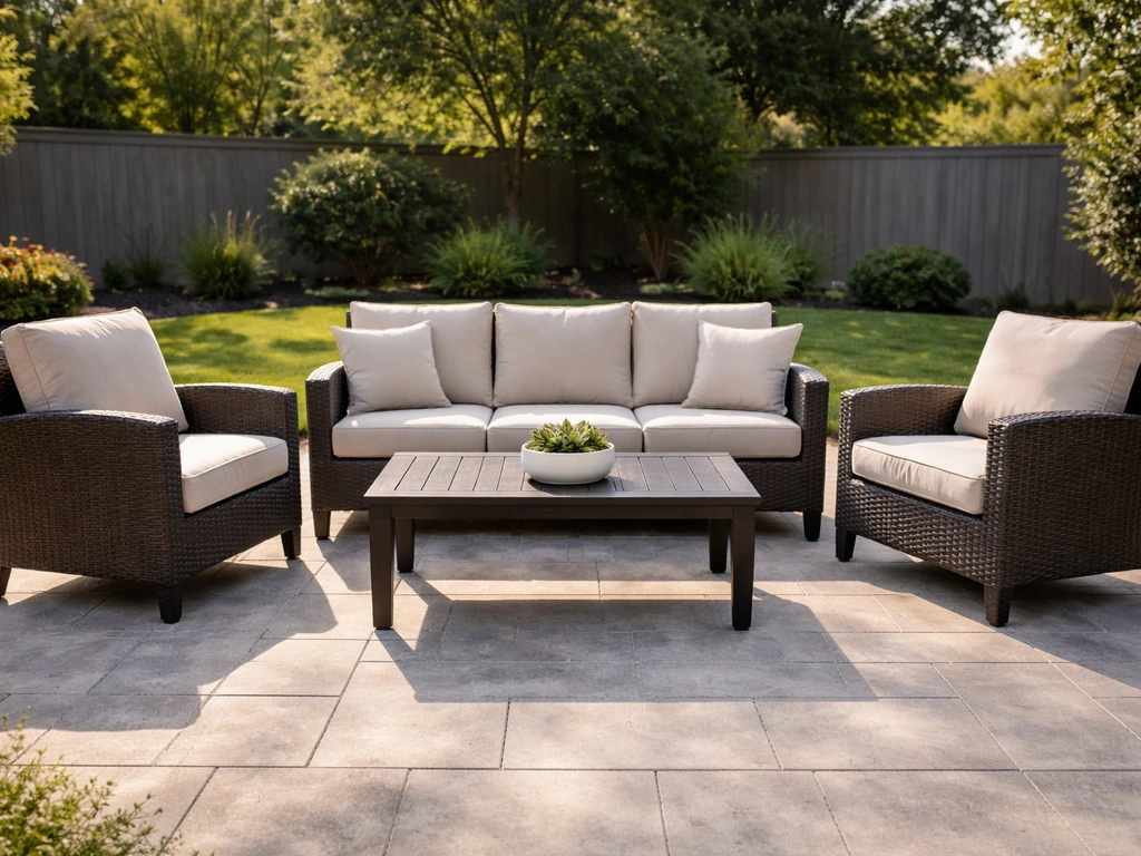 Sunny backyard patio with all-weather conversation set and chairs arranged for a patio furniture review visual