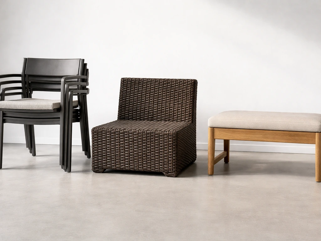 Three-material furniture lineup: cast aluminum, synthetic wicker weave, and wood-look indoor casual piece.