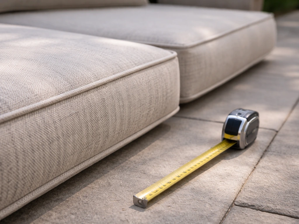 Close-up of thick outdoor seat cushions with fabric texture beside a measuring tape for spacing.
