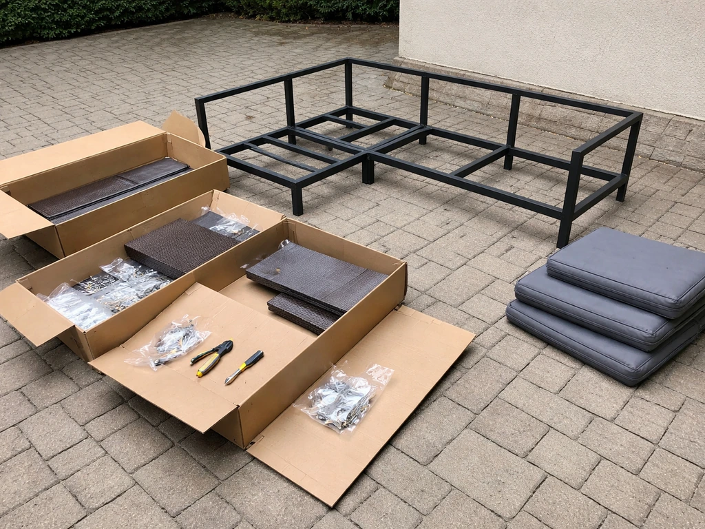Partially assembled patio furniture with open boxes, hardware, and tools laid out on a driveway/patio.