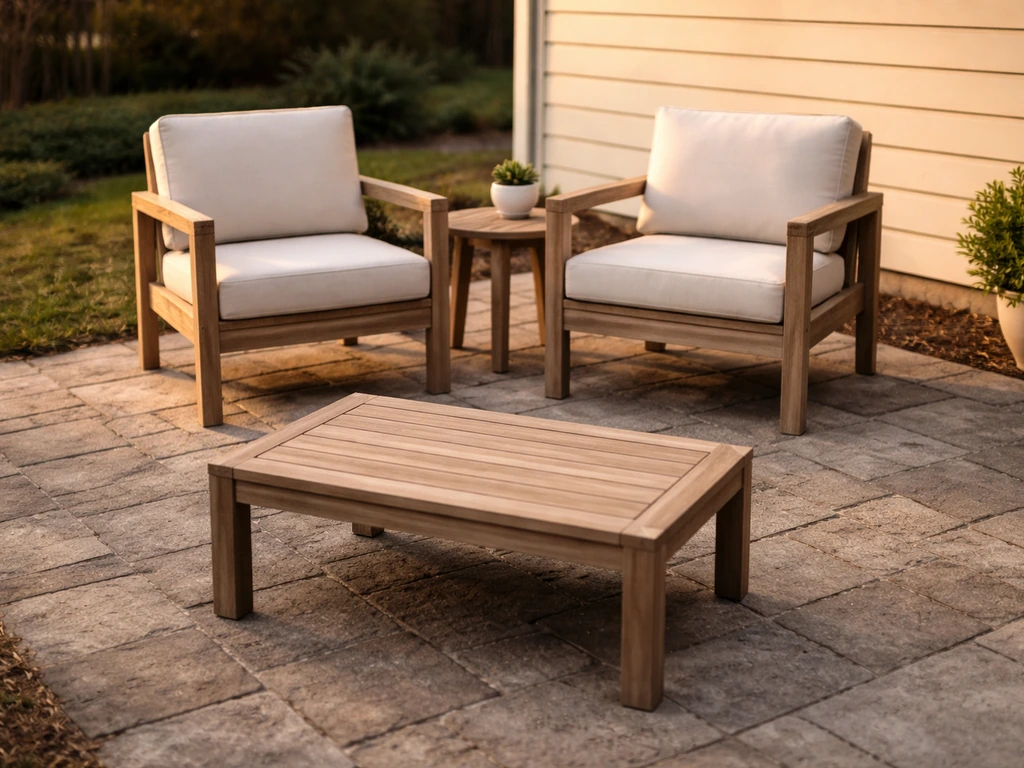 Compact patio seating with two chairs and a nearby add-on coffee table, staged neatly in natural light.