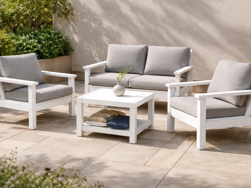 Bright patio scene with a complete HDPE slat polywood conversation set in inviting, clean condition.