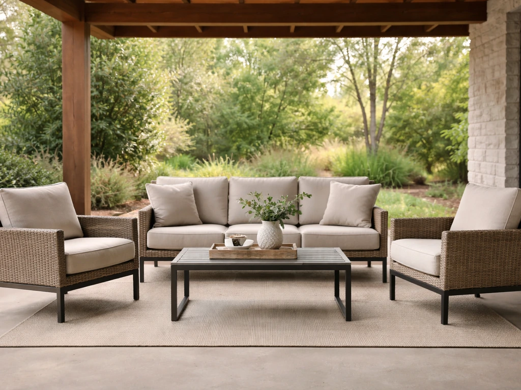 Covered patio seating set with weather-ready cushions and a coffee table in natural light.