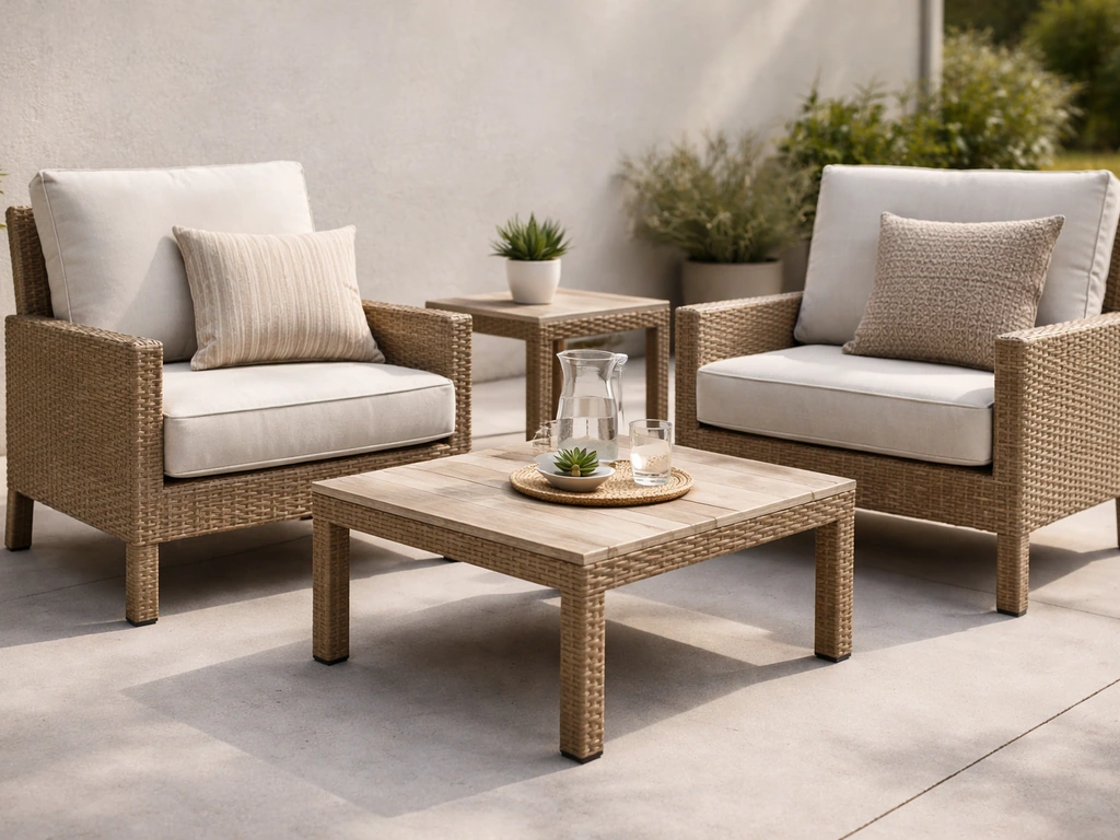Budget-friendly patio seating set with cushioned chairs and a small coffee table on a simple porch