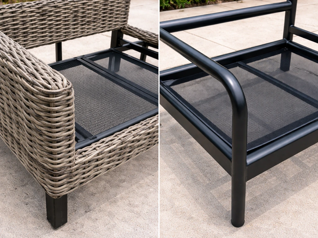 Side-by-side photo comparison of resin wicker on a metal frame vs powder-coated steel framing outdoors.
