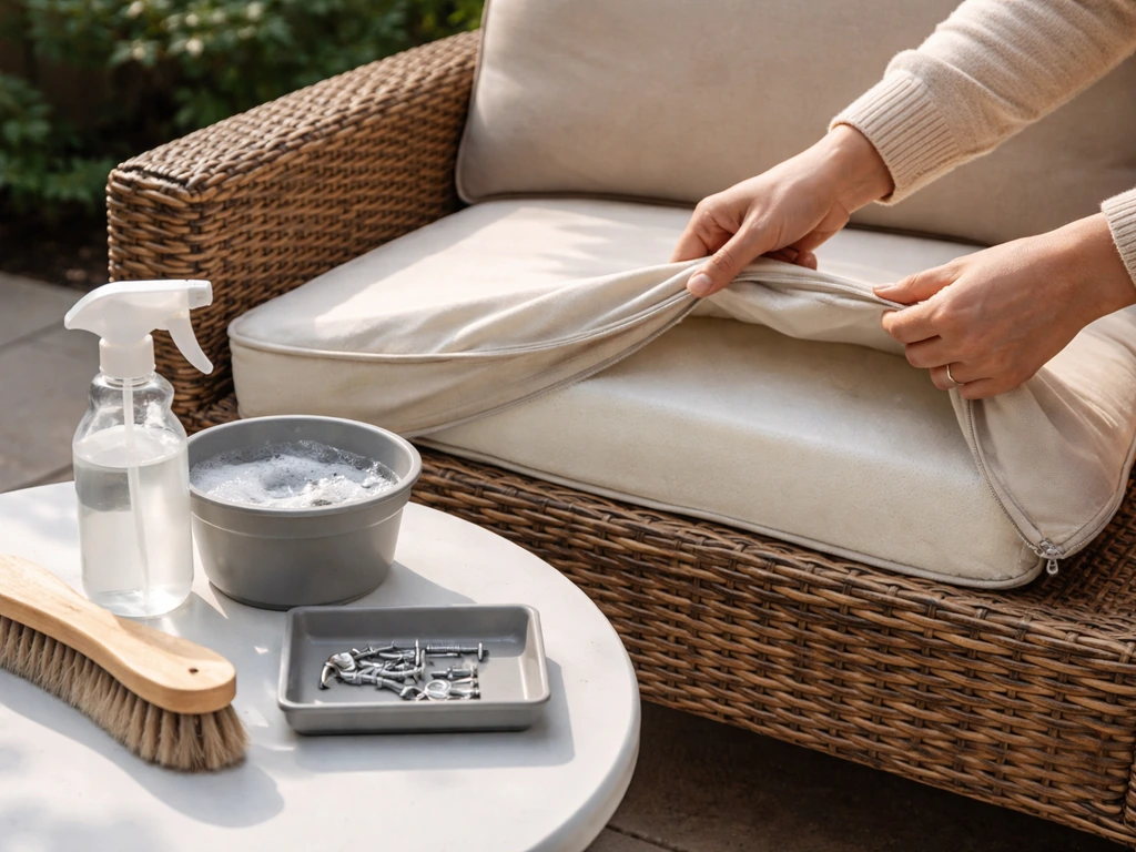 Anonymous hands lifting a wicker cushion cover with basic cleaning tools and spare hardware nearby.
