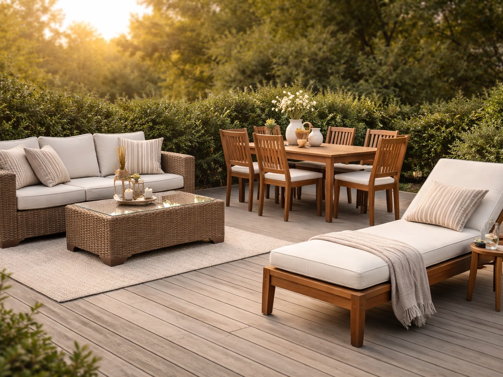 Outdoor patio with wicker sofa, acacia dining set, and chaise arranged for comparing patio furniture
