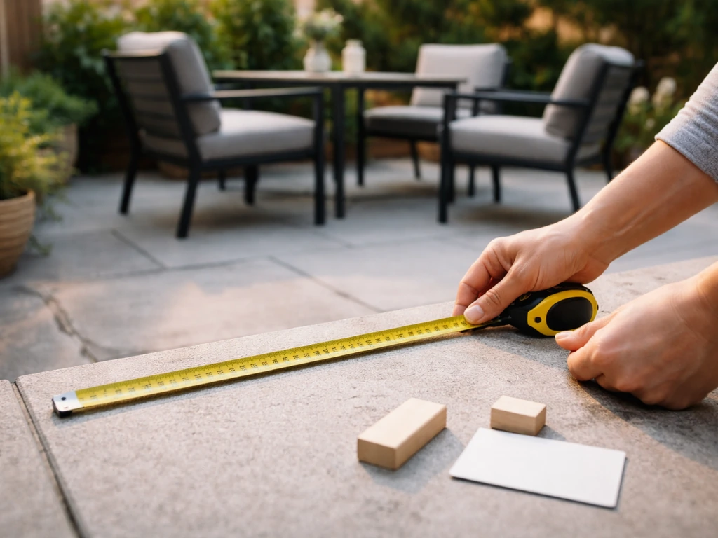 Hands measuring an outdoor patio near patio furniture, illustrating checking space before buying
