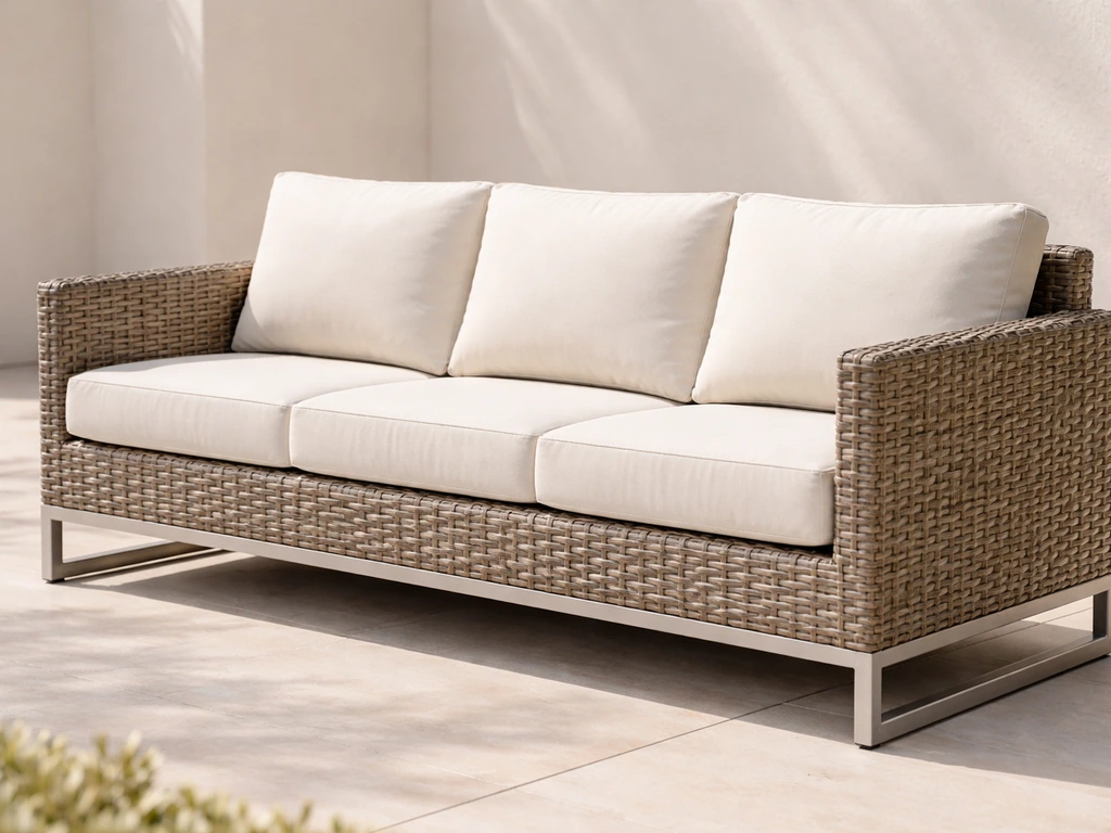 Outdoor wicker conversation sofa with visible aluminum frame and woven seat and back in a simple patio setting.