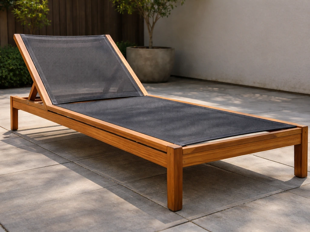 Acacia wood mesh chaise lounge on a patio, highlighting the length and textured sling seat.