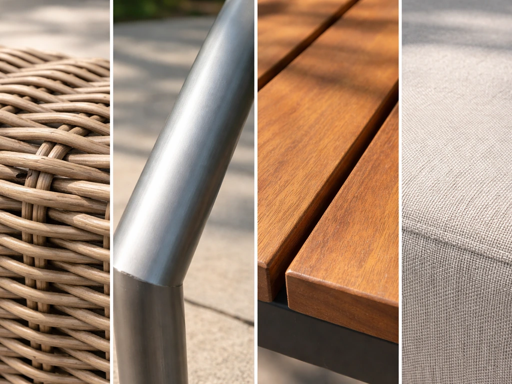Four close-ups side-by-side: wicker weave, brushed metal frame, acacia wood grain, and outdoor cushion fabric.