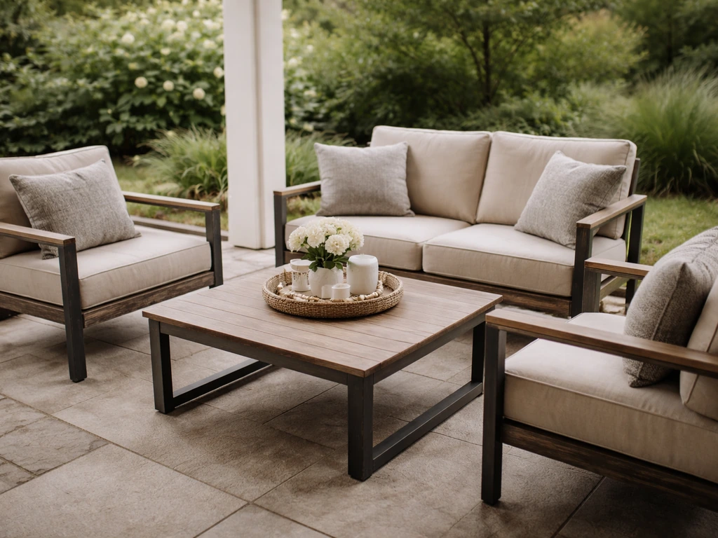 Outdoor patio conversation set with cushioned seating and a coffee table in a backyard setting.