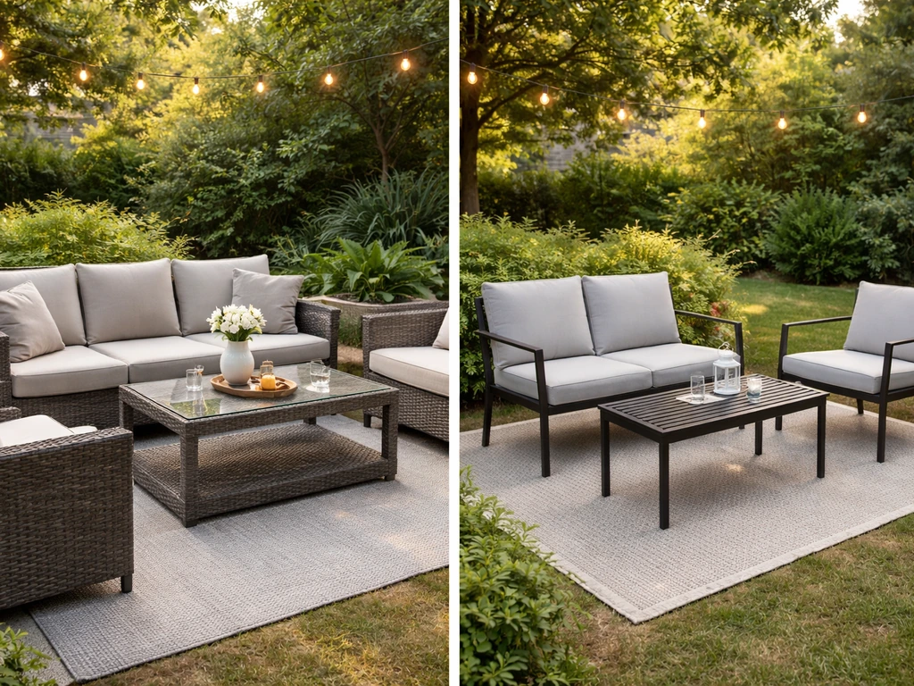 Minimal split scene showing a stylish Allen+Roth-like outdoor patio seating setup and a less durable budget feel.