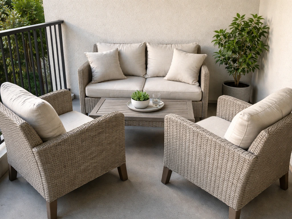 Small patio conversation set with a compact loveseat, two chairs, and a coffee table in warm light.