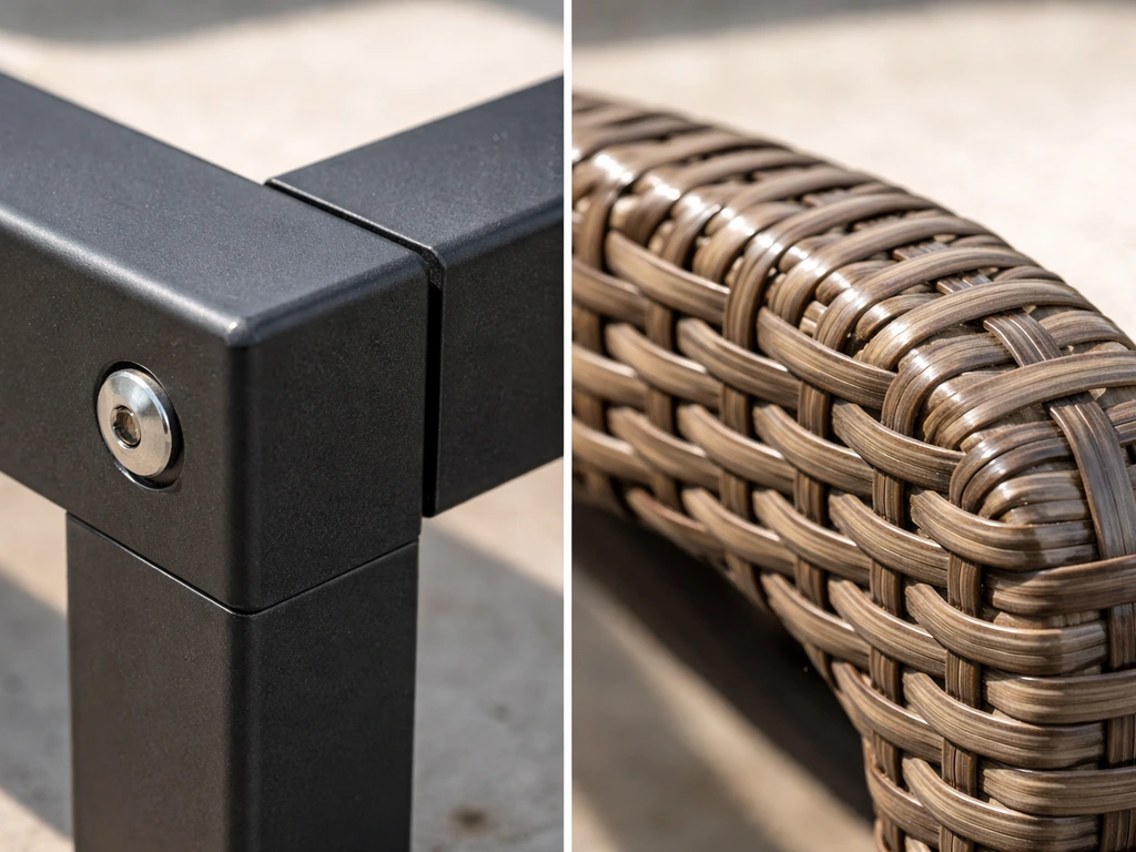 Closeup of powder-coated steel frame joint beside synthetic resin wicker weave, showing material textures.