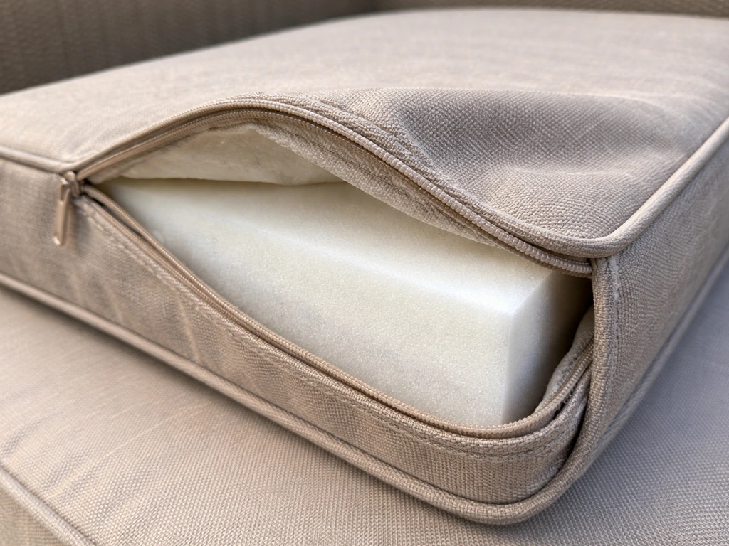 Close-up of a polyester cushion cover with visible stitching and inner foam filling in soft natural light.