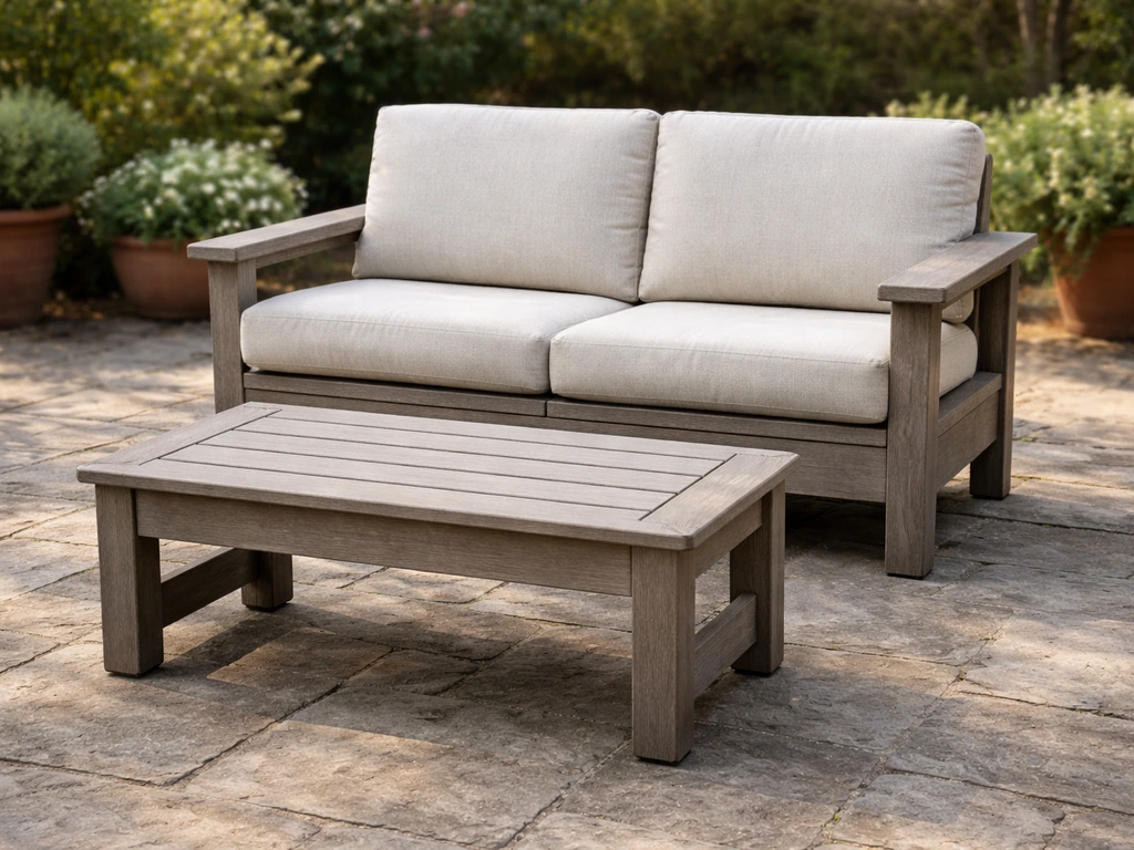 Sunlit HDPE poly patio sofa and coffee table on an outdoor patio, weathered-but-clean look.