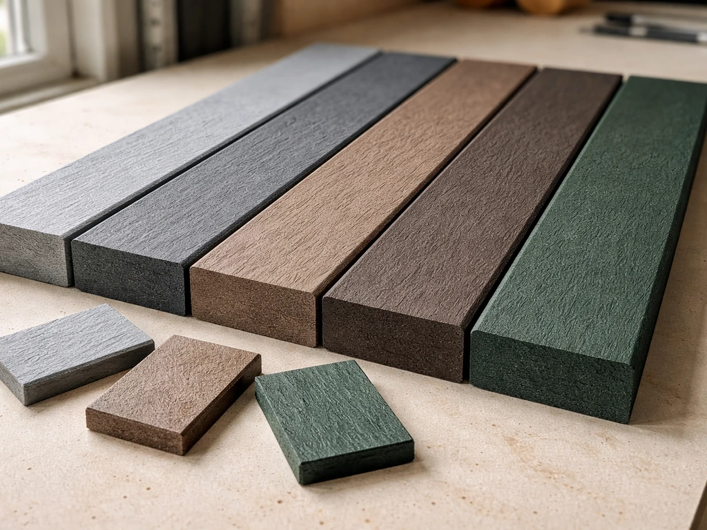 Close-up of recycled HDPE poly lumber boards and solid-color swatches on a workbench.