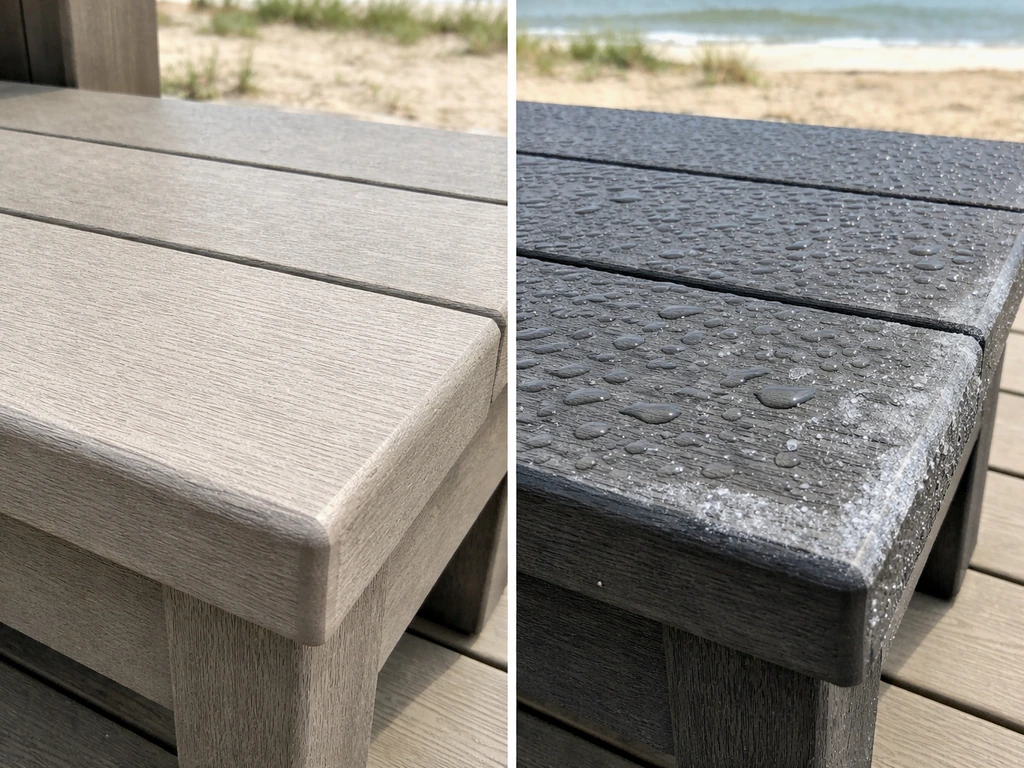 Split view of HDPE poly lumber bench seat showing sun fade, rain splash, coastal salt, and frost effects.