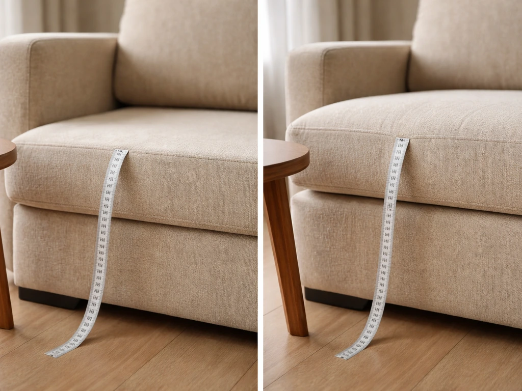 Side-by-side closeups showing sofa seat height without and with a cushion, using a tape measure as reference