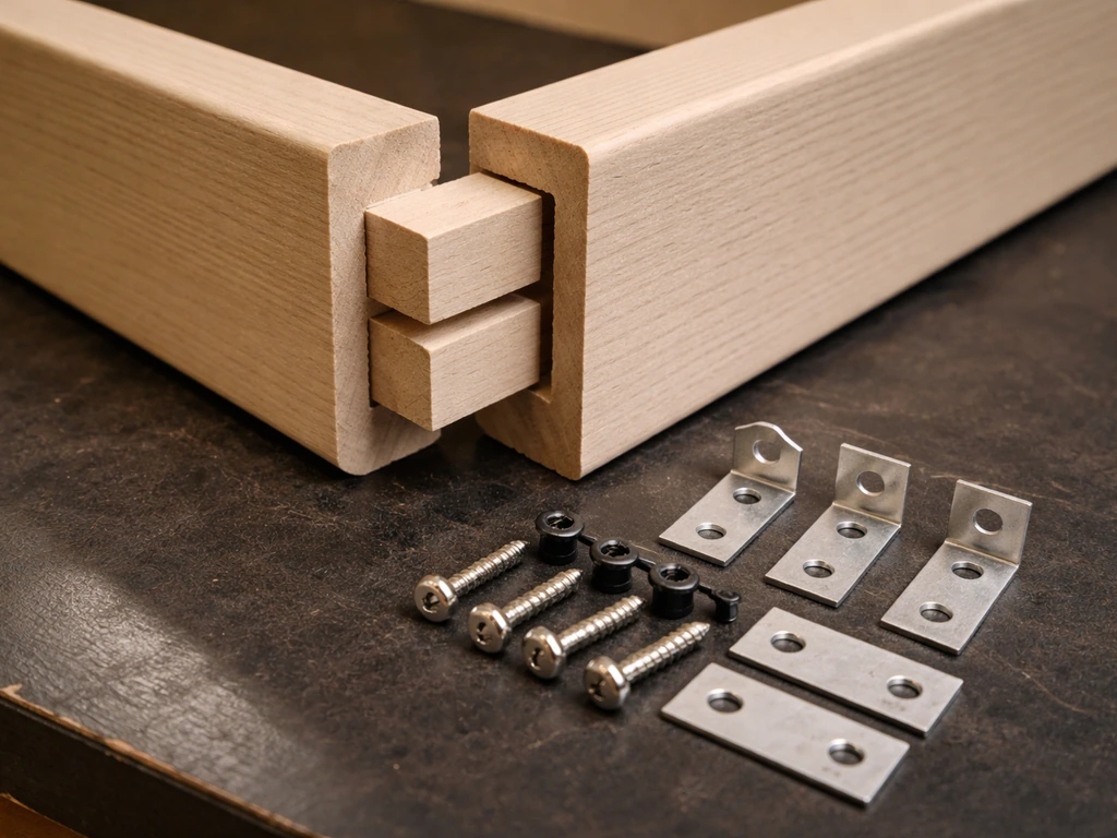 Close-up of a mortise-and-tenon joint with neatly laid Sure-Lok hardware on a workbench.