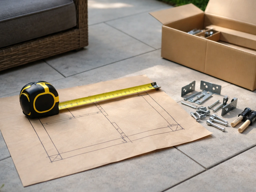 Measuring tape on a patio mockup with hardware parts laid out beside an unmarked furniture parts box.