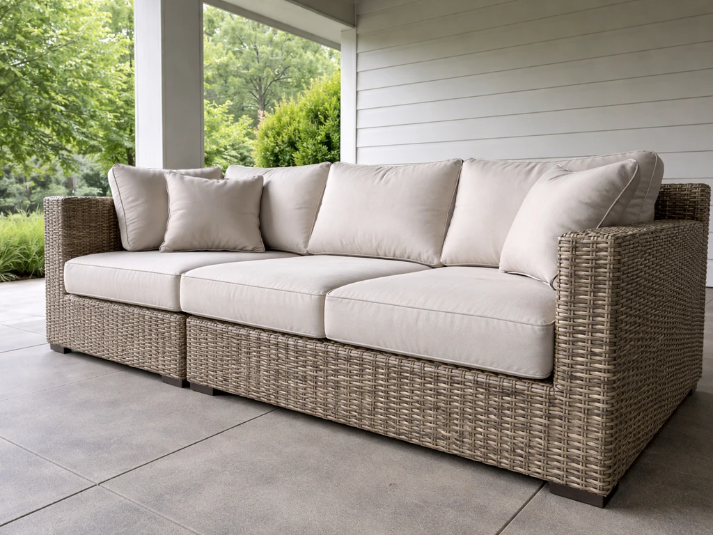 Covered patio seating set with thick cushions and tightly woven frame highlighting comfort and durability.
