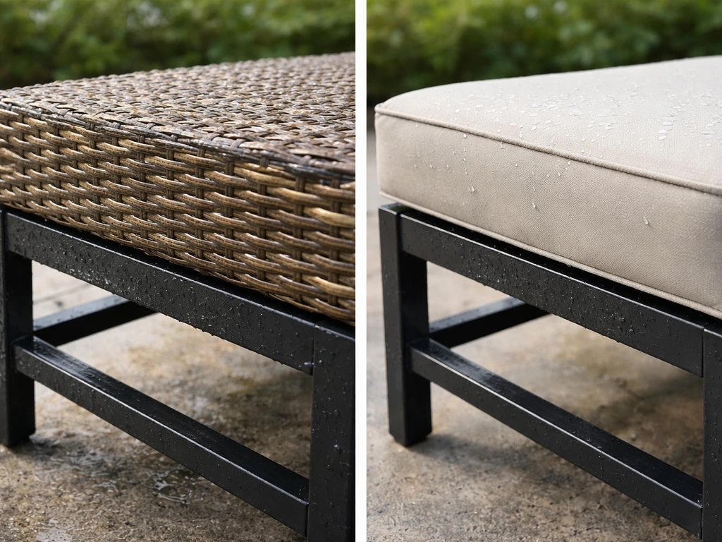 Side-by-side patio chair materials showing water beading on PE rattan and a protected dry cushion.
