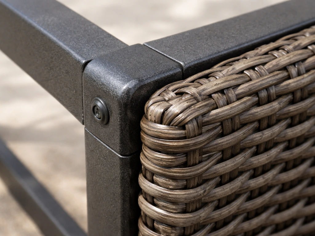 Close-up of a powder-coated rust-resistant steel frame and PE rattan weave texture on patio furniture.