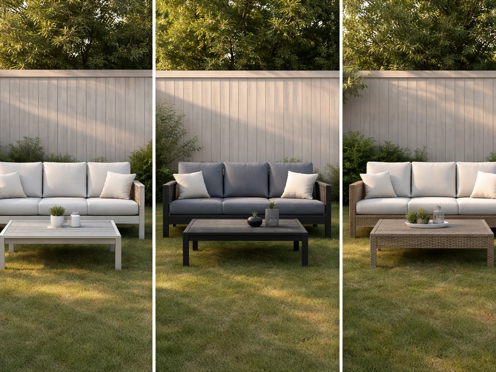 Three side-by-side outdoor furniture sets showing different frame and cushion construction details.