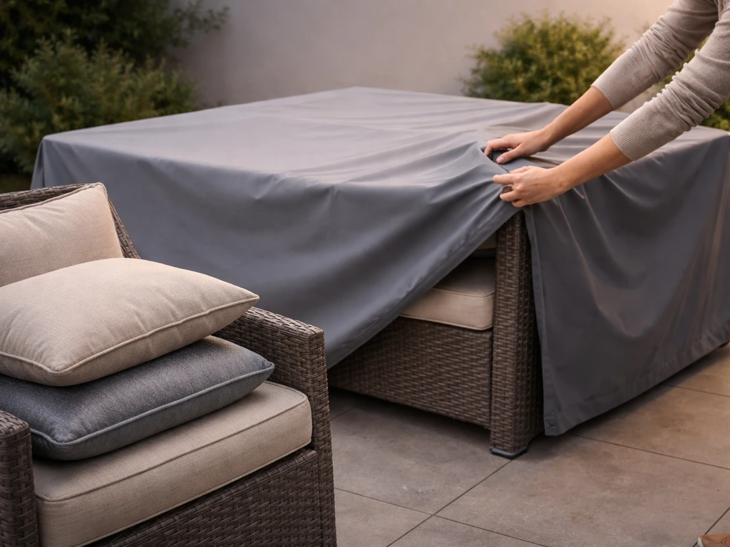 Hands placing a protective cover over outdoor patio cushions to prevent moisture damage.