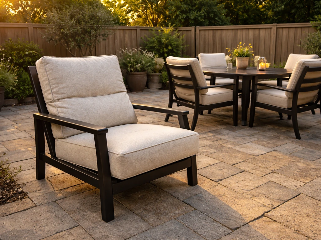 Stylish outdoor patio set with a comfortable Mallin-style lounge chair and dining table in a cozy backyard