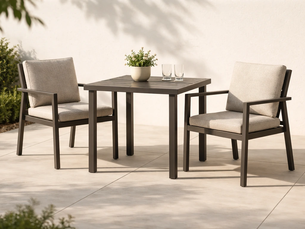 Sunlit patio with a Purple Leaf-style aluminum dining set and cushioned chairs, no people.