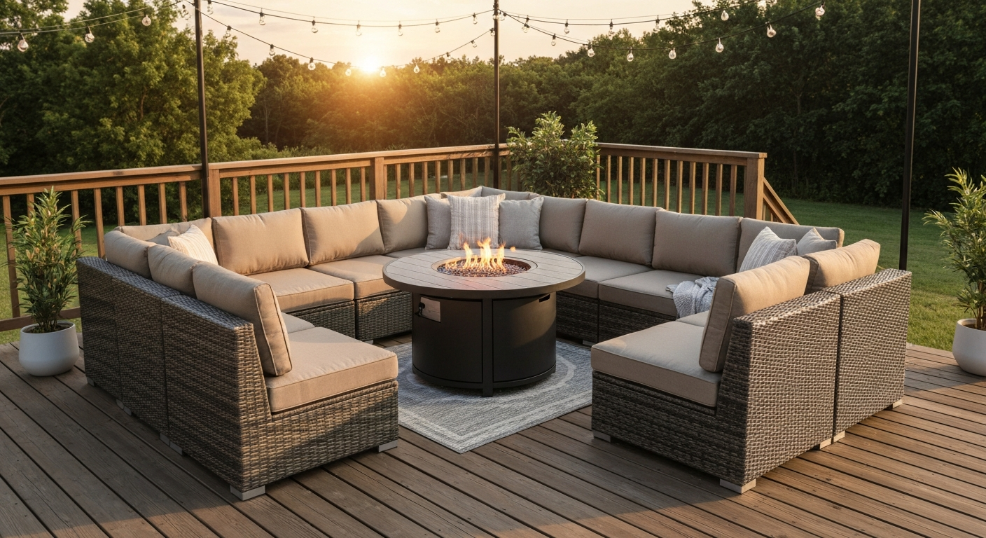 MF Studio–style PE rattan conversation set with beige cushions and a round fire-pit table on a wooden deck at sunset.