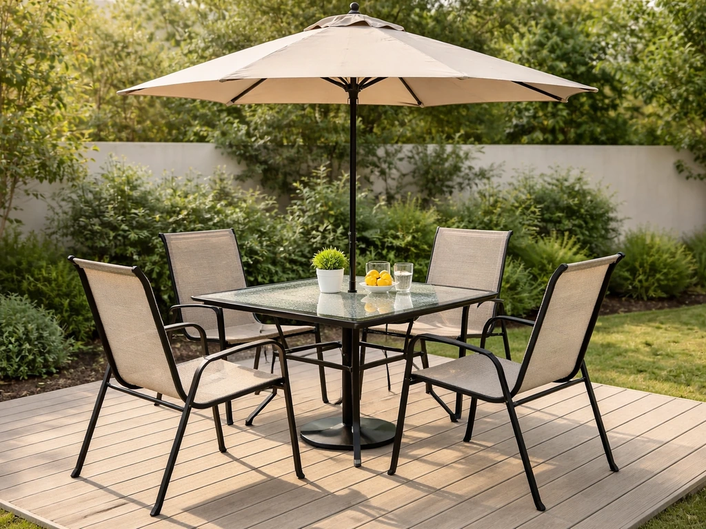 Six-piece outdoor patio dining set with sling chairs, glass table, and market umbrella on a small deck.