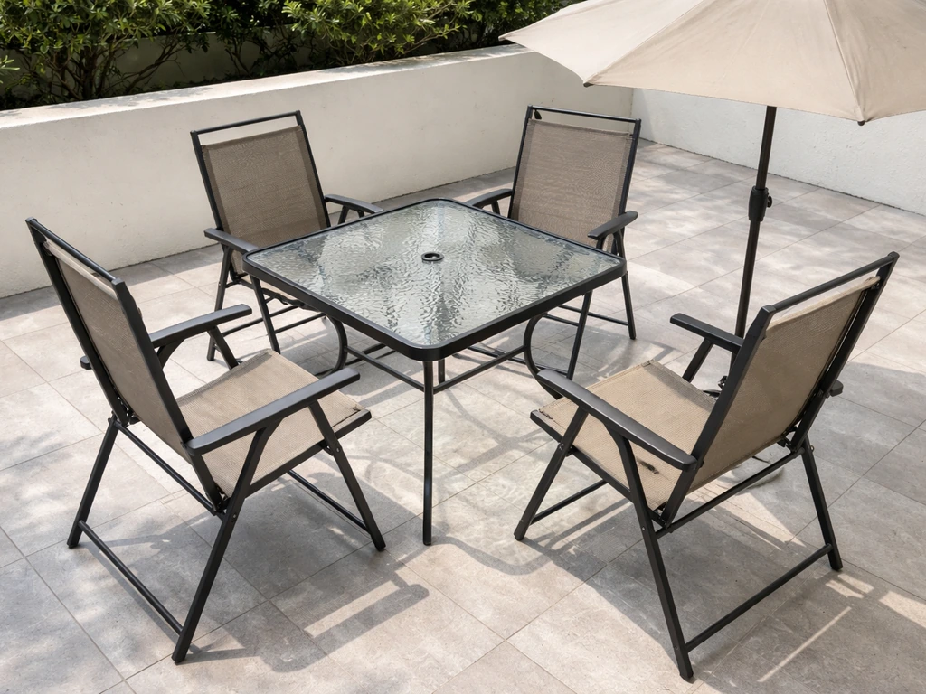 Porch patio floor laid out: folding sling armchairs, square tempered glass table, and market umbrella