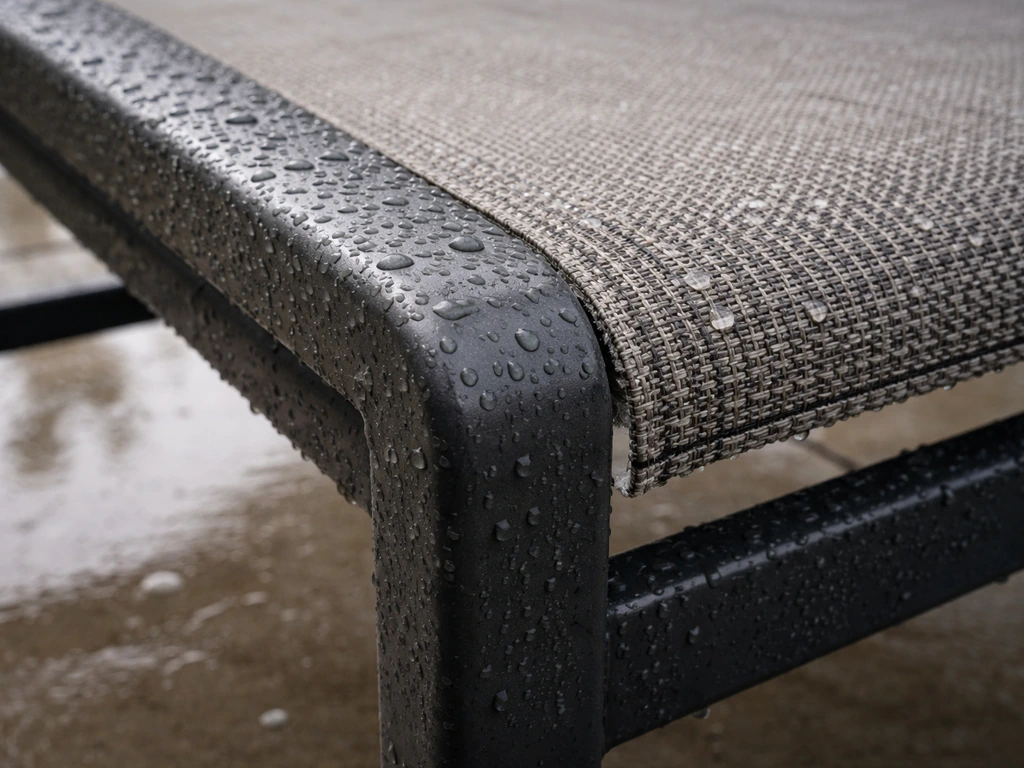 Powder-coated alloy steel outdoor furniture frame with quick-dry sling fabric in light rain droplets