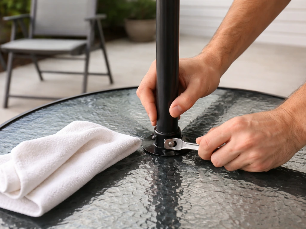 Anonymous hands tightening umbrella/table hardware on a small patio set, with a cloth for easy cleaning.
