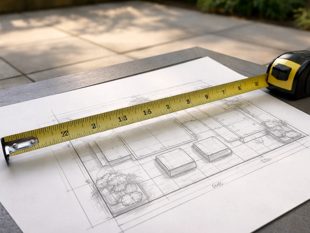 Measuring tape laid over a simple patio layout diagram with assembled furniture dimensions in mind.