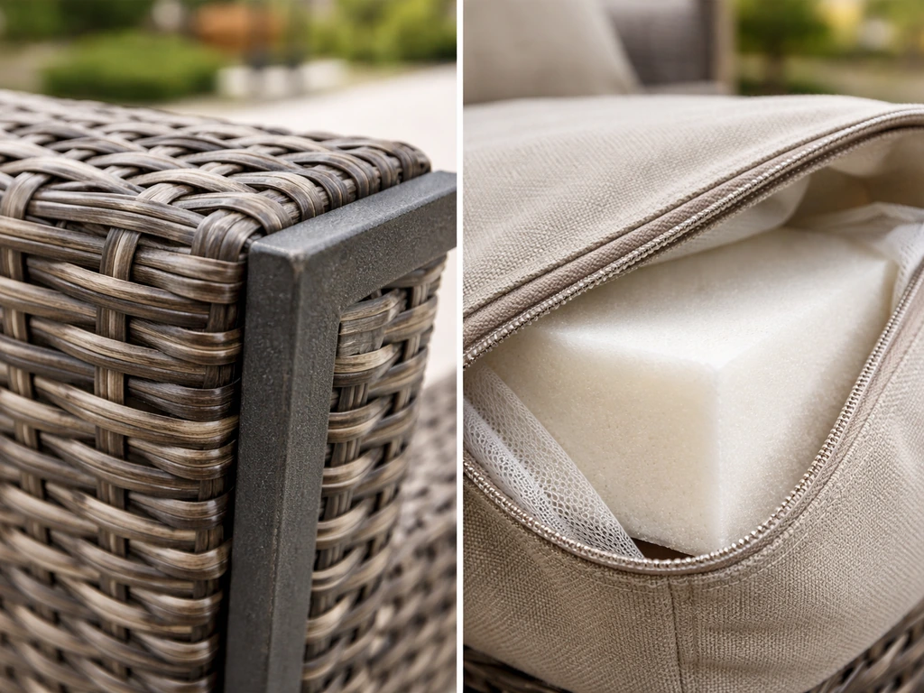 Close-up of PE wicker on a powder-coated steel frame and a zip-off cushion cover with foam insert.